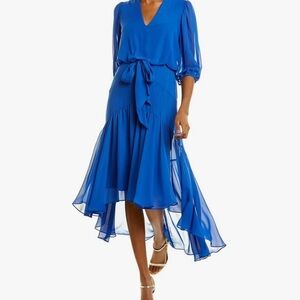 Taylor Blue Asymmetrical Wrap Dress with Bishop Sleeves
